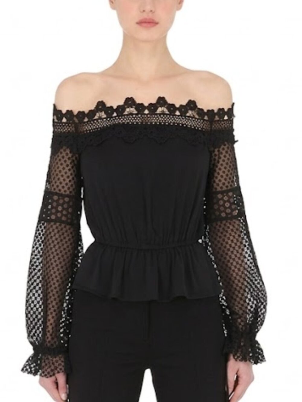 Self-Portrait Off the Shoulder Black Lace Macrame Peplum Top Womens Size 2